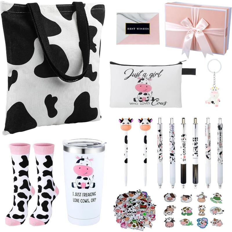 66 count Cow Gift Set Cow Stuff Cow Tote Bags  Purse 20 oz Stainless Steel Cow Print Tumbler Cute Cow Socks Keychain Stickers Box Cow Pen for Graduation Teachers Gifts Cow Lover Gifts