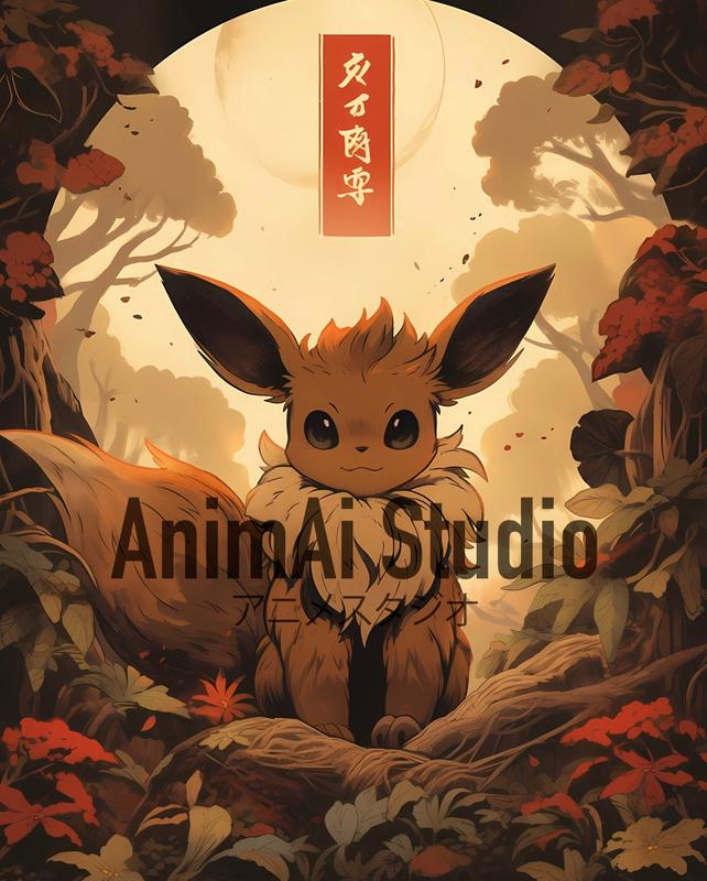 Eevee, Pokemon, Japanese Tapestry Style, Anime Poster, Printable Wall Art, Bedroom Wall Art, Japanese Home Decor