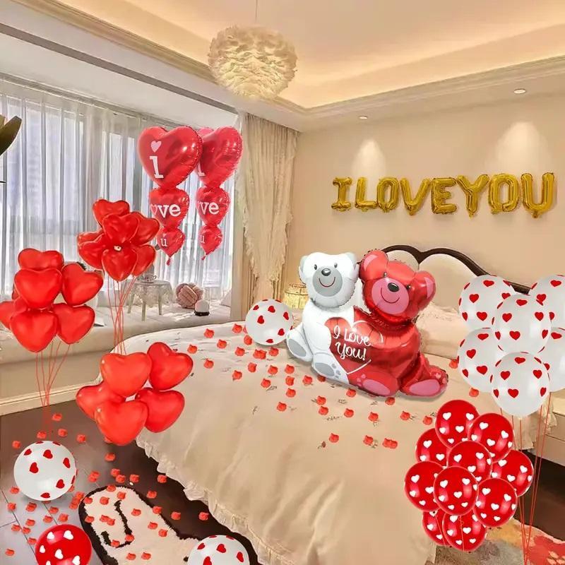 I Love You Themed Balloon Set, 1 Set Heart & Bear Design Decor Balloon Set for Proposal, Wedding Party Decoration, Party Decoration Supplies