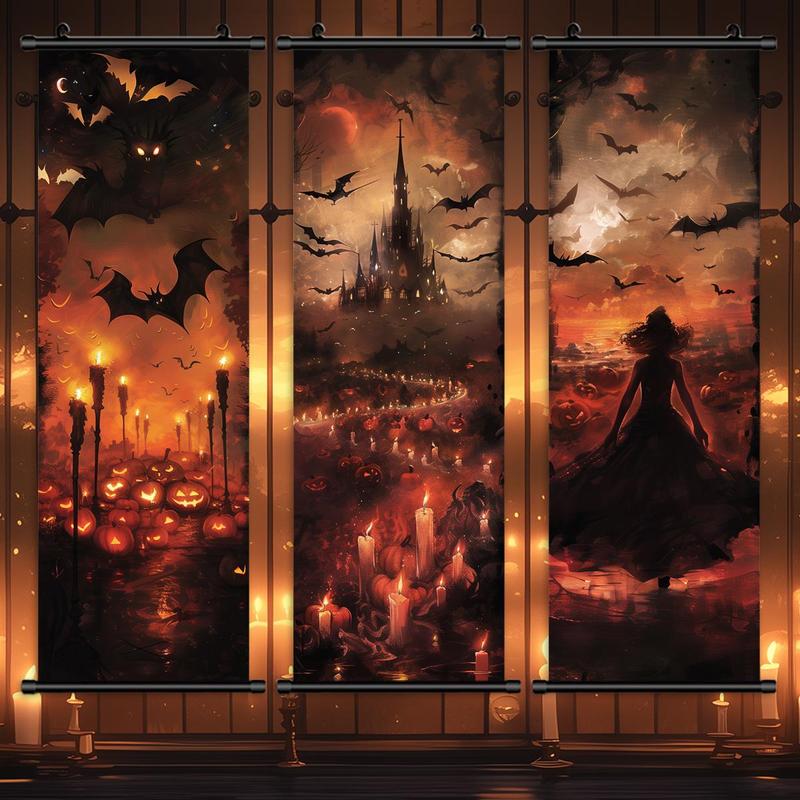 Hanging Banner, 3 Counts set Exquisite Castle Witch Pattern Decoration, Horror Poster for Party Festival Home Dormitory Office