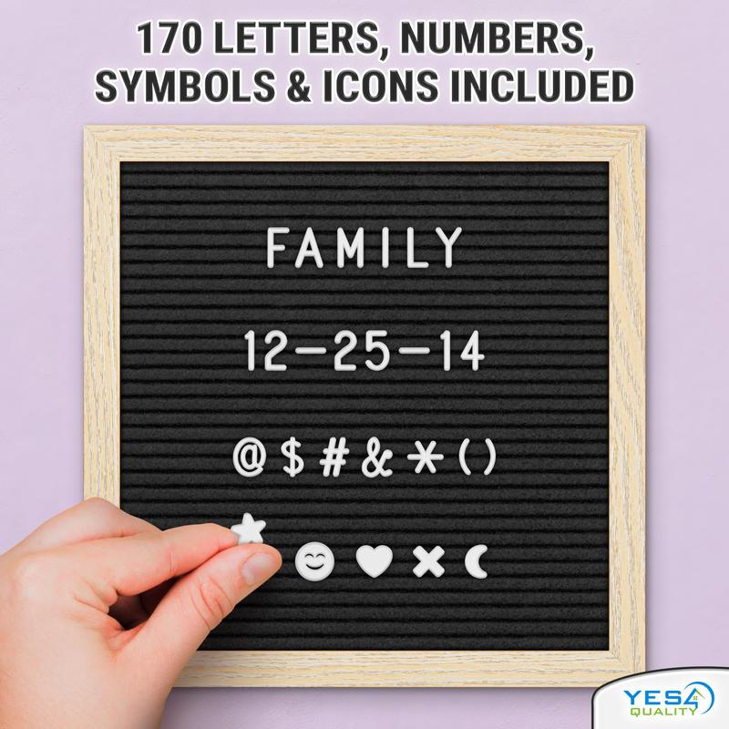 Felt Letter Board - 10x10”, Black - 170 Letters, Numbers & Emojis for Celebrations & Announcements - Customizable Message Letterboard w Wooden Frame for Home Decor & Office Use - by Yes4Quality