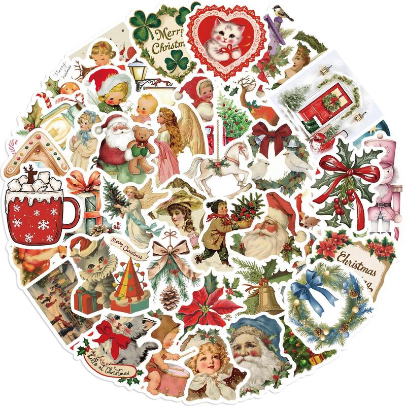 Vintage Christmas Themed Sticker, 50Pcs set Waterproof Self Adhesive Decor Paper, Decor Sticker for Gift Greeting Card Water Bottle Laptop Phone