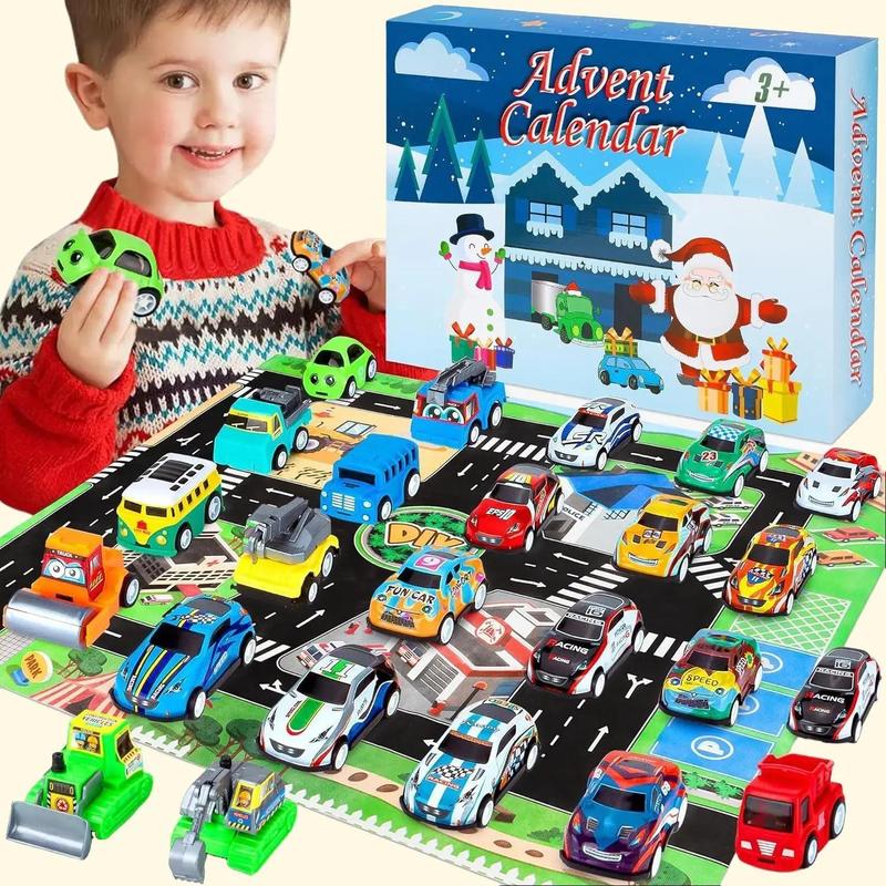 Kids Advent Calendar 2024 - 24 Days of Christmas Countdown with Pull-Back Cars, Vehicle Set & Play Mat - Holiday Party Favors, Birthday Gifts for Boys, Girls & Toddlers (Blue)