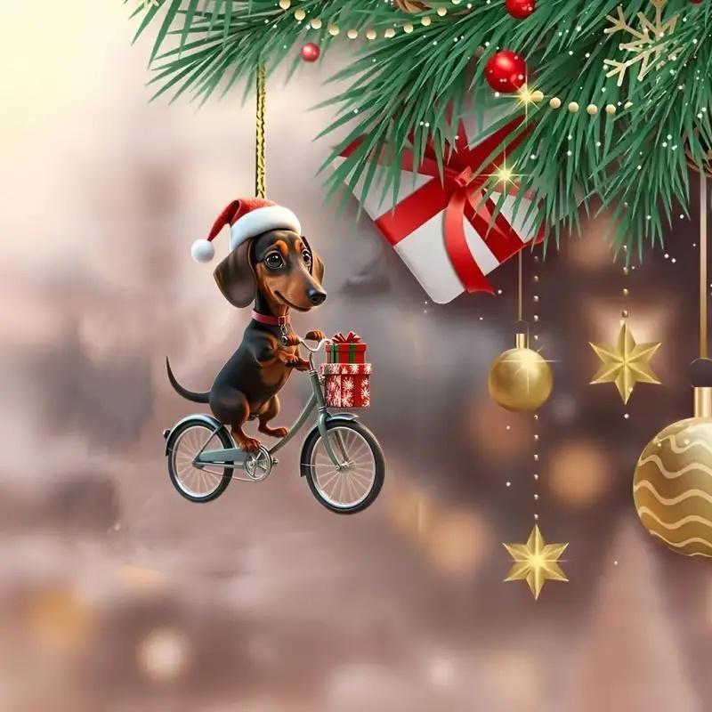 Christmas Cute Dog Design Acrylic Ornament, 2 Counts set Bicycle Dog Decoration Pendant, Festive Decorations for Home Party, Party Supplies