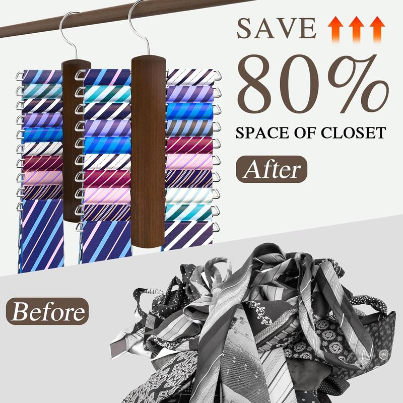 Tie Rack Hanger 2Pack, Premium Wooden Tie Organizer 40 Storage Capacity Tie Holder for Closet,360 Degree Space Saving Ties Belt Scarves Hanger for Men,Brown