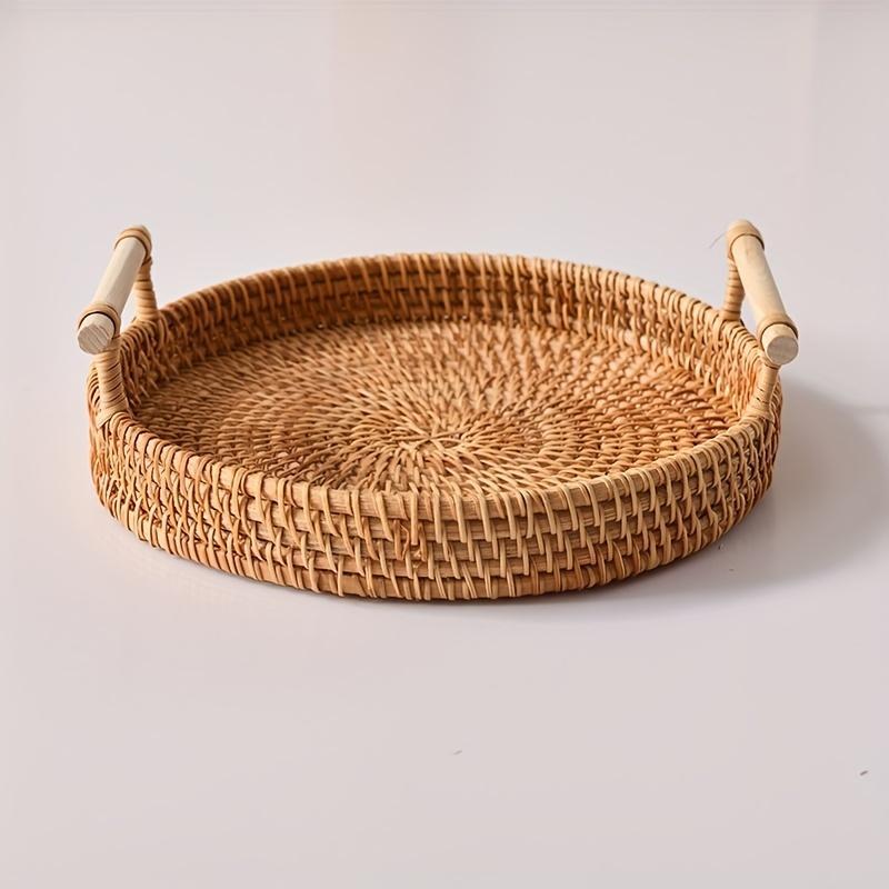 Round Rattan Storage Tray, Rattan Fruit Basket with Handle, Household Storage Basket for Kitchen Dining Room, Summer Gift