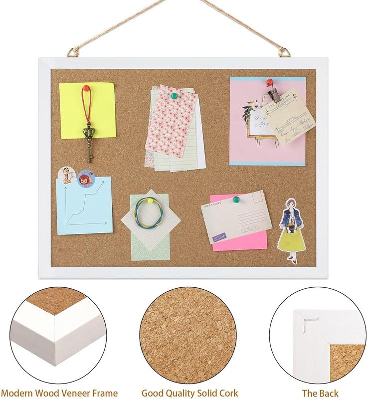 Cork Board Bulletin Board 15.7 x 12 Inches with Rectangle White Frame Hanging Pin for Office Home Message Board Wooden Hangable Decoration