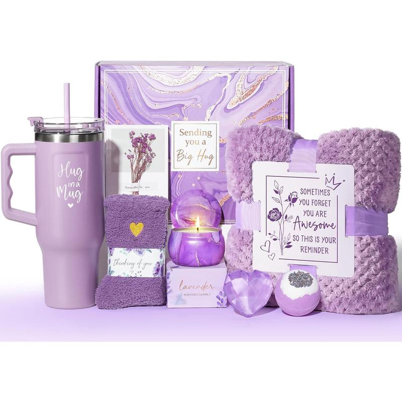 Birthday Gifts for Women Self Care Gifts Get Well Soon Gifts, Lavender Relaxing  Gift Basket Care Package w  Flannel Blanket 40 OZ Tumbler, Christmas Anniversary Gift for Mom Wife Friend Sister Her