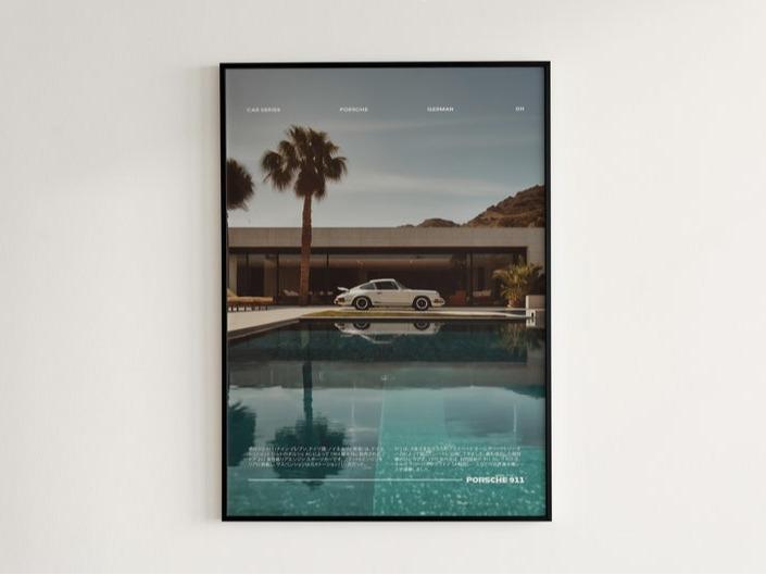 Porsche 911 by the Pool, Vintage ,  Wall Art, Vintage Car Poster, Old Porsche Poster, Porsche 911 Poster