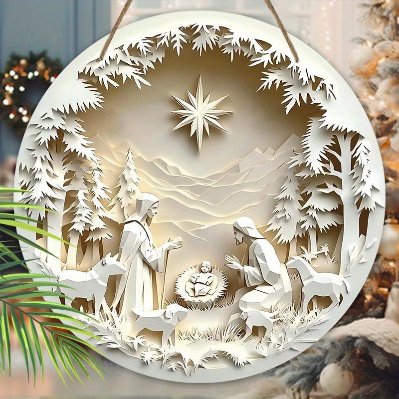 Wooden Nativity Scene Decoration, 1 Count 2D Flat Relief Effect Round Hanging Sign, Wall Hanging Decor for Home Living Room Bedroom