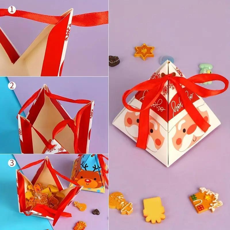 Christmas Themed Candy Bag, 12pcs set Cute Cartoon Pattern Candy Cookie Gift Bag with Ribbon, Party Favor Bag for Christmas Party Festival