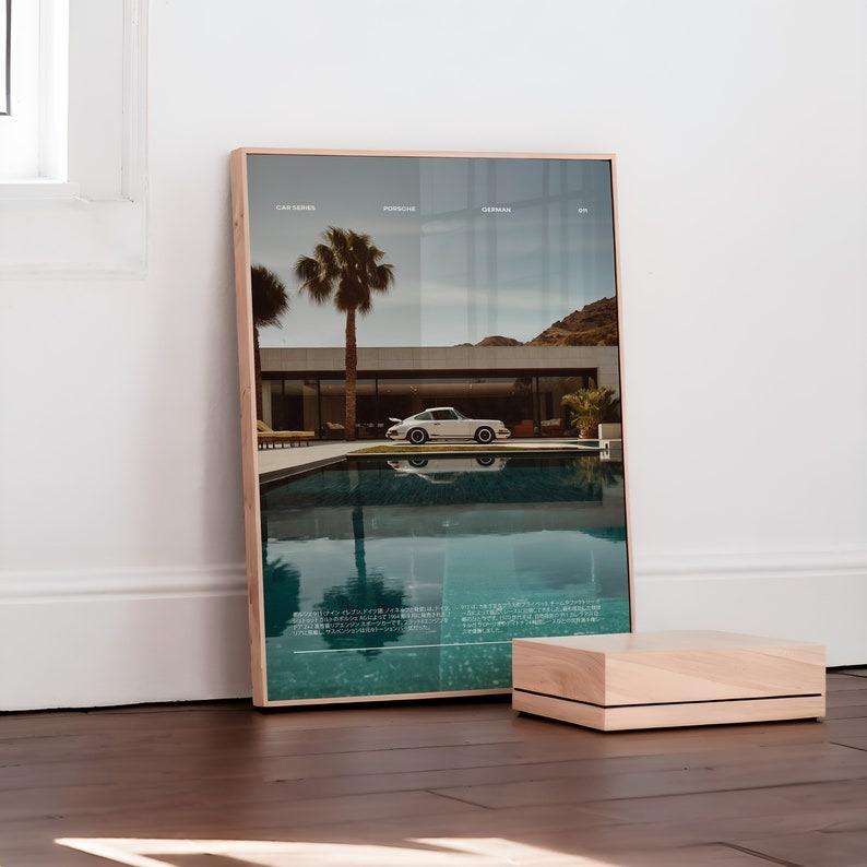 Porsche 911 by the Pool, Vintage ,  Wall Art, Vintage Car Poster, Old Porsche Poster, Porsche 911 Poster