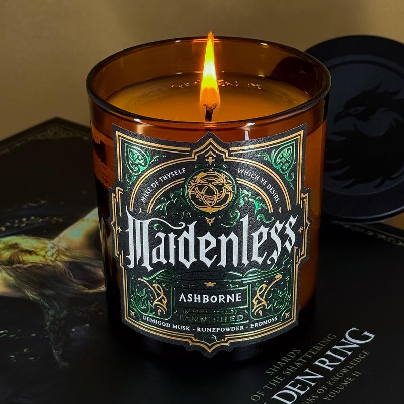 Maidenless - Elden Ring Inspired 8oz Scented Candle - Erdmoss, Runepowder, Demigod Musk - Natural Coconut Wax - 35 h Burn Time - Premium Foil Label dark candles