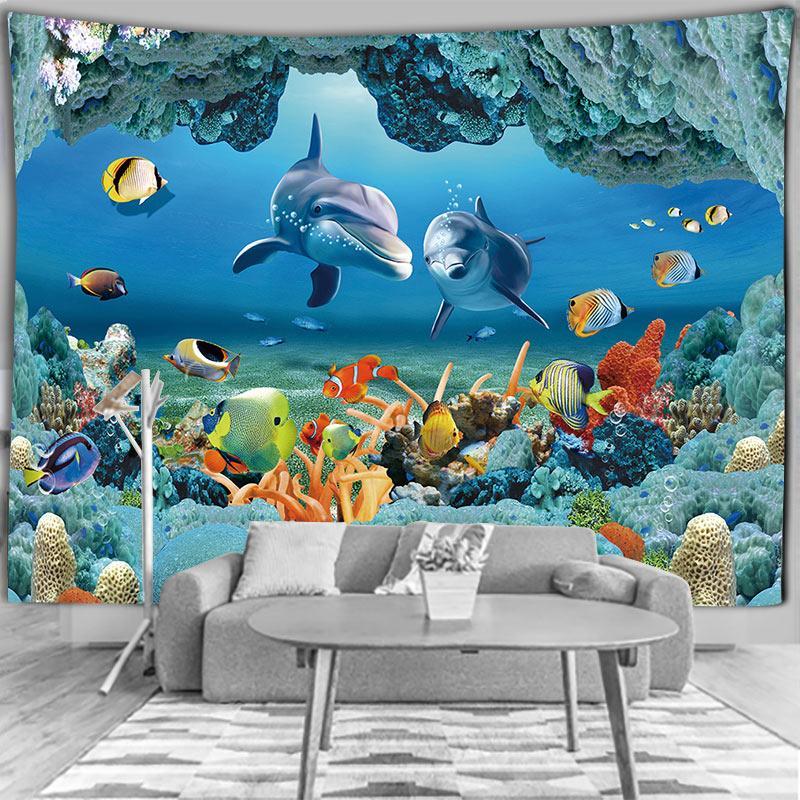 Ocean Sea World Fish Dolphin Pattern Tapestry with Installation Tools, 1 Count Wall Hanging Decor for Home Living Room Bedroom, Home Decor