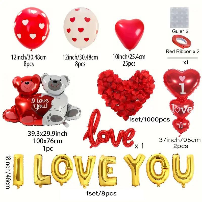 I Love You Themed Balloon Set, 1 Set Heart & Bear Design Decor Balloon Set for Proposal, Wedding Party Decoration, Party Decoration Supplies