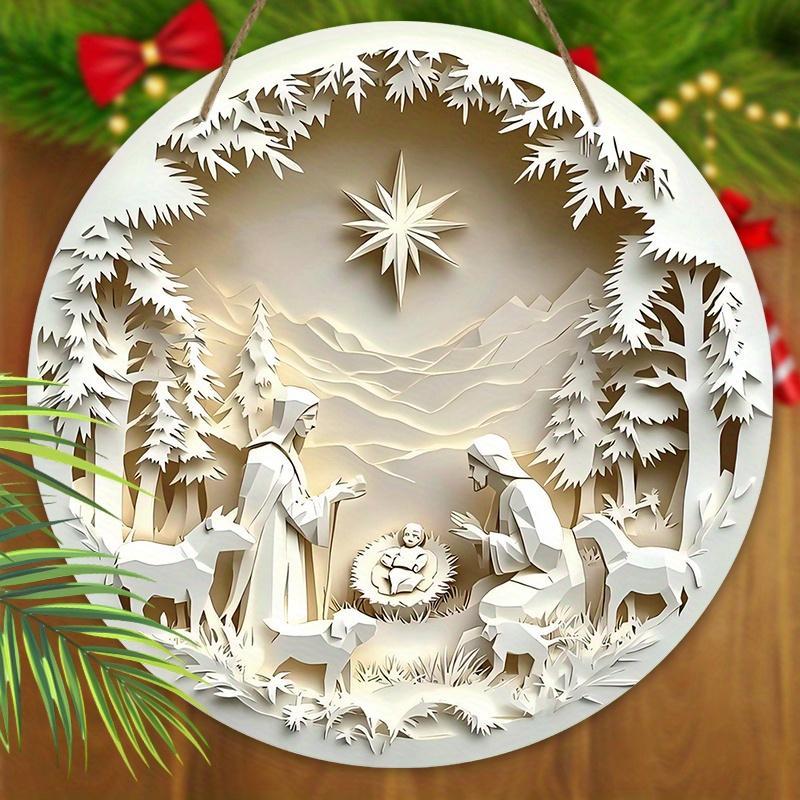 Wooden Nativity Scene Decoration, 1 Count 2D Flat Relief Effect Round Hanging Sign, Wall Hanging Decor for Home Living Room Bedroom