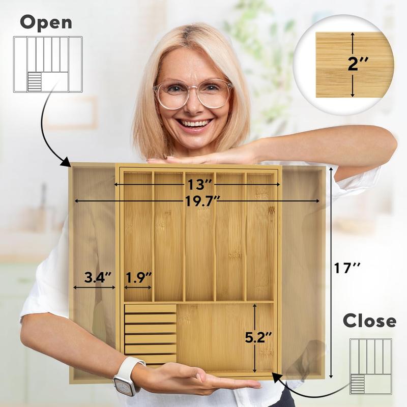 Expandable Kitchen Drawer Organizer -  Bamboo Organizer Tray - Great for Silverware, Large Utensils, Flatware, Cutlery - 8 Compartments with  Block - Perfectly Fits Your Drawers