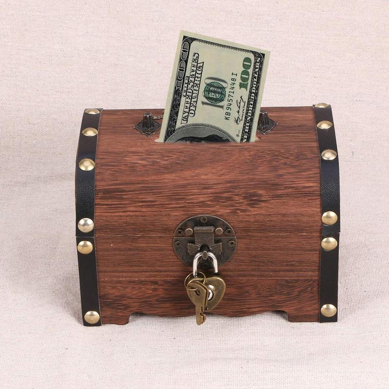 Vintage wooden piggy bank, a rustic small box for coins & money, also a decorative storage for wedding & home.