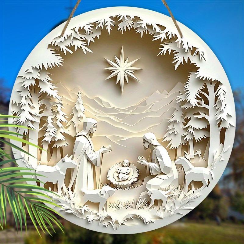 Wooden Nativity Scene Decoration, 1 Count 2D Flat Relief Effect Round Hanging Sign, Wall Hanging Decor for Home Living Room Bedroom