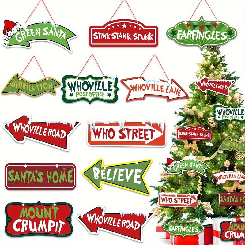 Christmas Themed Hanging Sign, 12pcs set Letter Pattern Tree Hanging Ornament, Christmas Tree Decor, Home Party Decoration