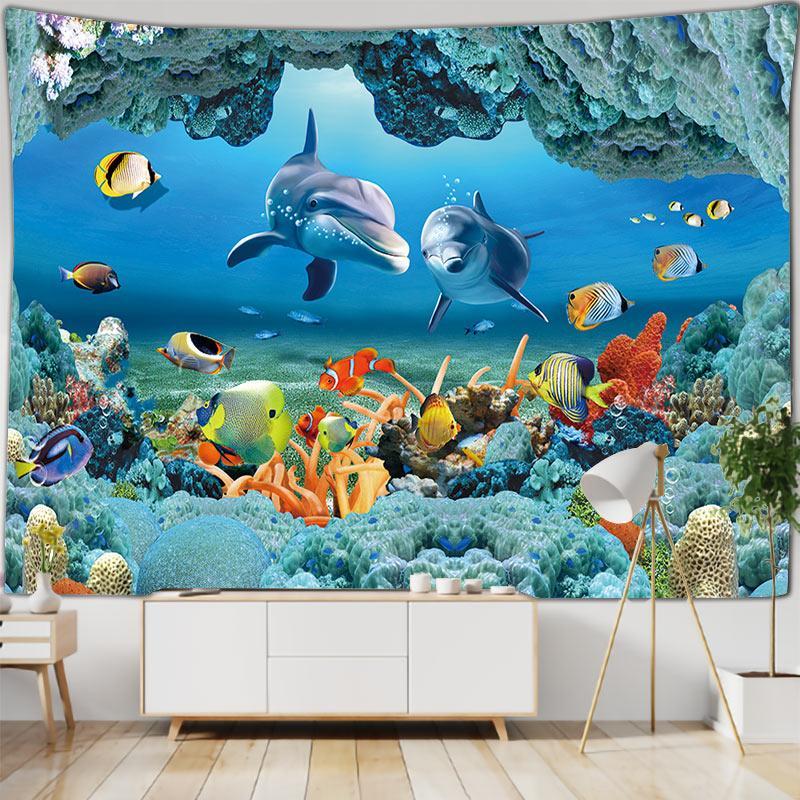 Ocean Sea World Fish Dolphin Pattern Tapestry with Installation Tools, 1 Count Wall Hanging Decor for Home Living Room Bedroom, Home Decor