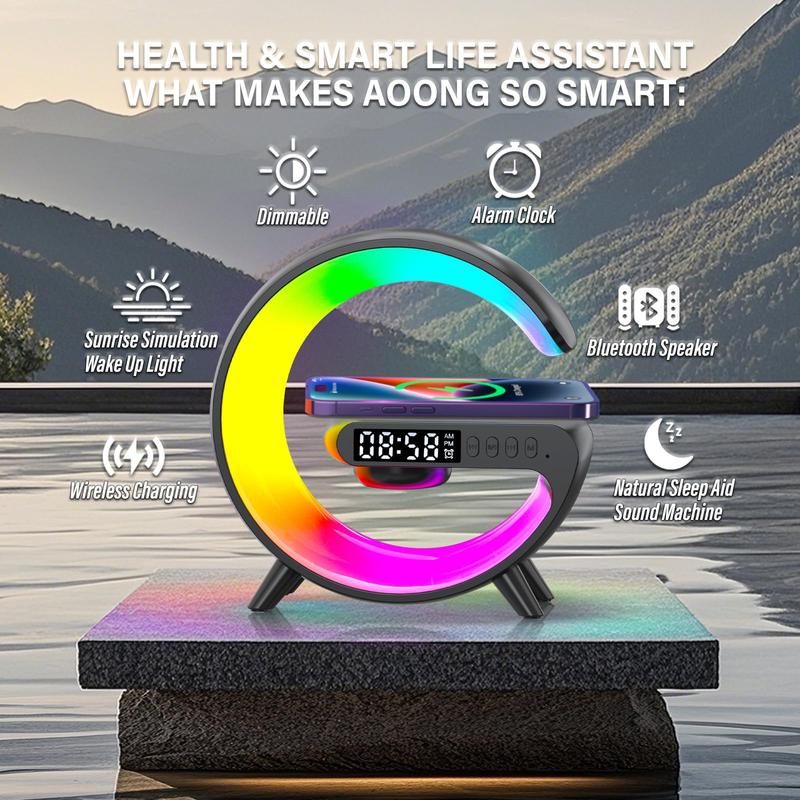 Smart LED Table Lamp, Smart Sunrise Alarm Clock with Bluetooth Speaker and 10 Modes, Led Desk Lamp with Wireless Charger, Digital Clock with USB Charging, Hatch Alarm Clock for Heavy Sleepers