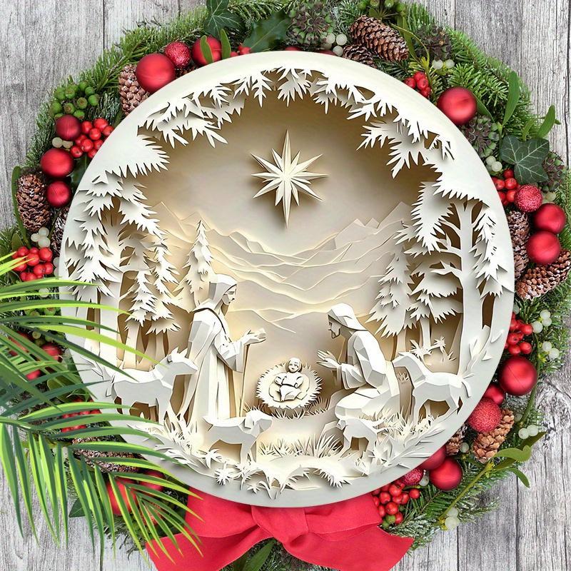 Wooden Nativity Scene Decoration, 1 Count 2D Flat Relief Effect Round Hanging Sign, Wall Hanging Decor for Home Living Room Bedroom