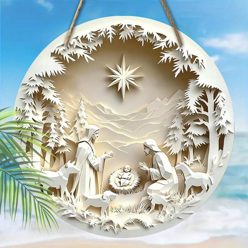 Wooden Nativity Scene Decoration, 1 Count 2D Flat Relief Effect Round Hanging Sign, Wall Hanging Decor for Home Living Room Bedroom