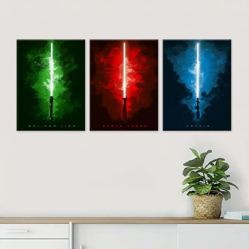 Wooden Framed Canvas Painting, 3 Counts set Lightsaber Pattern Wall Art, Modern Wall Decor for Home Living Room Bedroom Office