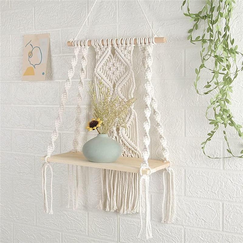 Macrame Wall Hanging Plant Decor Shelf Indoor Outdoor Floating Wood shelve Decorative Hand Made Rope Boho Shelving for Plants