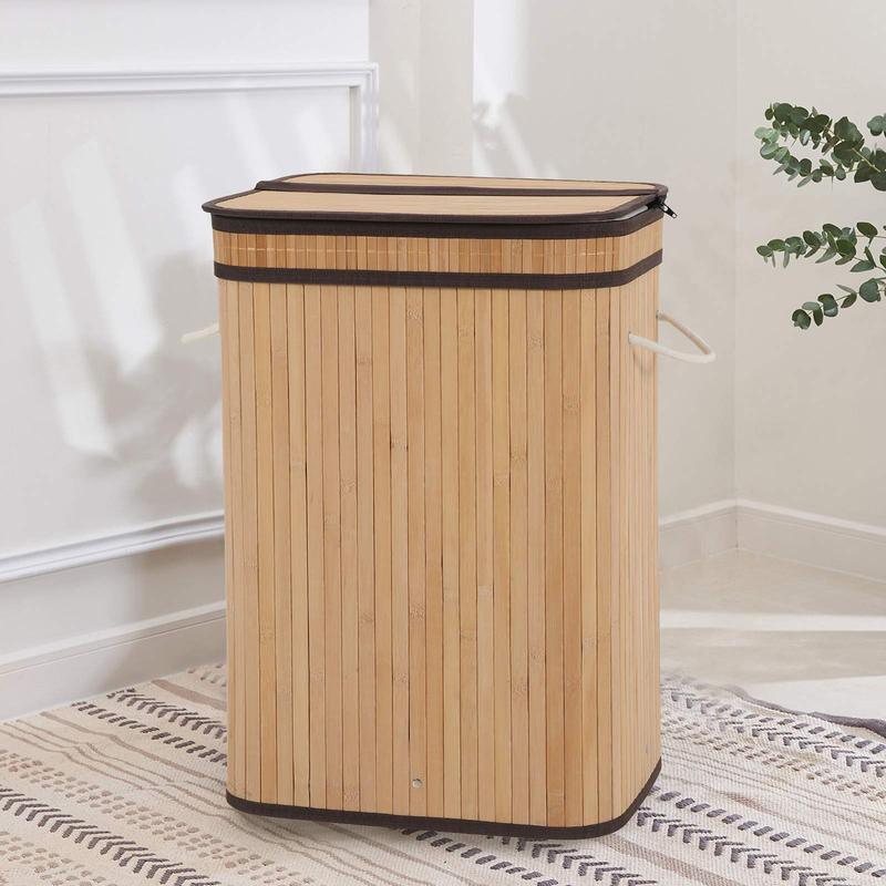 PHI VILLA Laundry Hamper with Lid, 72L Bamboo Laundry Basket with Removable Liner, Collapsible Storage Dirty Clothes Basket with Handles for Laundry Bedroom