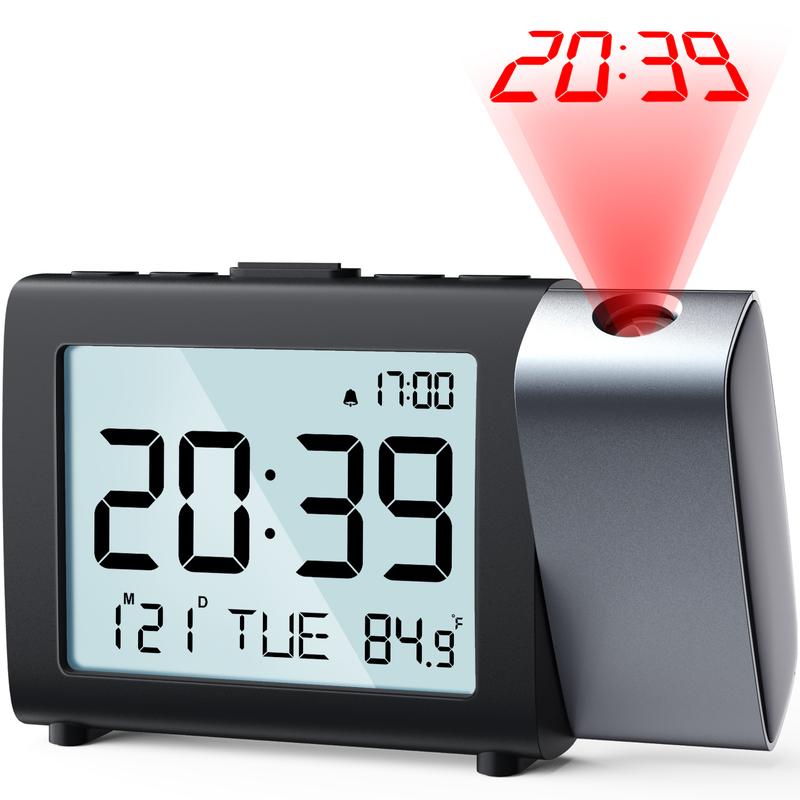 Black digital projection alarm clock for kitchen or bedroom, with ceiling wall display. Perfect for kids, seniors, adults. Comes with US power adapter