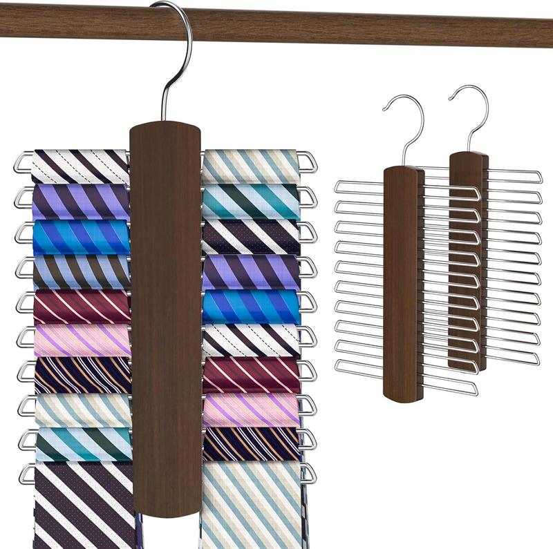 Tie Rack Hanger 2Pack, Premium Wooden Tie Organizer 40 Storage Capacity Tie Holder for Closet,360 Degree Space Saving Ties Belt Scarves Hanger for Men,Brown