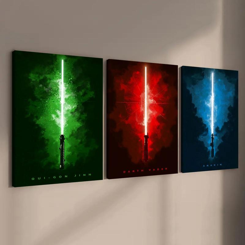 Wooden Framed Canvas Painting, 3 Counts set Lightsaber Pattern Wall Art, Modern Wall Decor for Home Living Room Bedroom Office