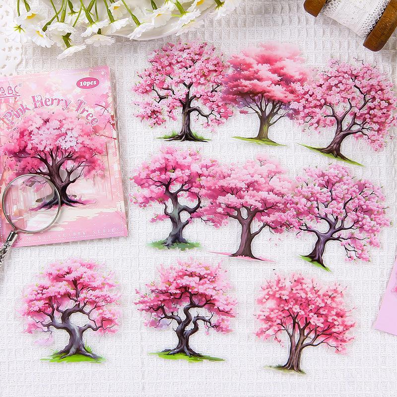 Cherry Tree Pattern Sticker, 10pcs set Self Adhesive Decorative Stickers, DIY Decals for Water Bottle, Laptop, Phone Case, Scrapbooking, Journal Making