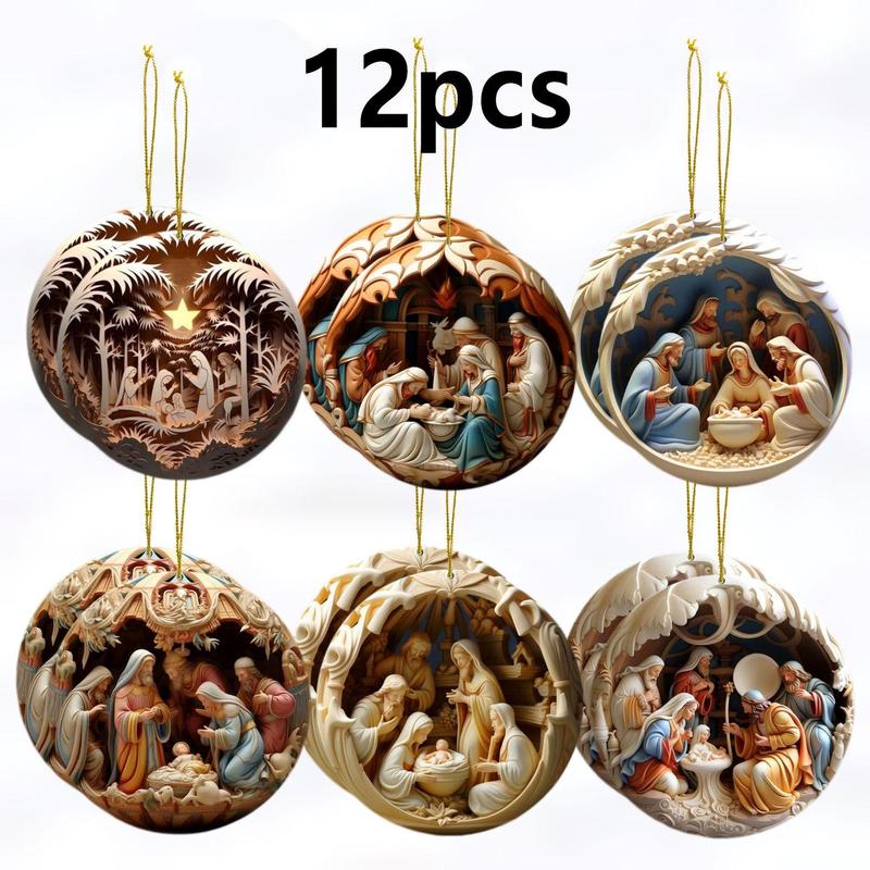 Nativity Scene Pattern Hanging Ornament, 12pcs set 3D Nativity Scene Hanging Decoration, Christmas Decoration for Home Living Room Bedroom