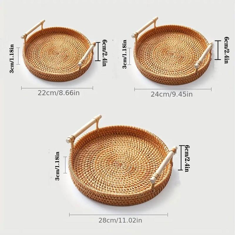 Round Rattan Storage Tray, Rattan Fruit Basket with Handle, Household Storage Basket for Kitchen Dining Room, Summer Gift