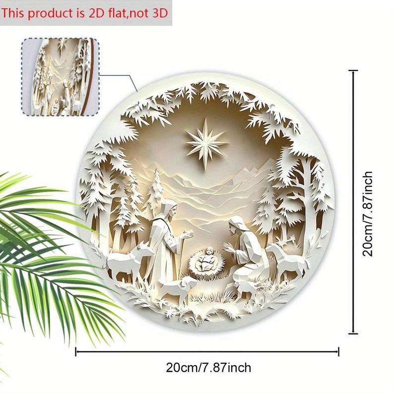 Wooden Nativity Scene Decoration, 1 Count 2D Flat Relief Effect Round Hanging Sign, Wall Hanging Decor for Home Living Room Bedroom