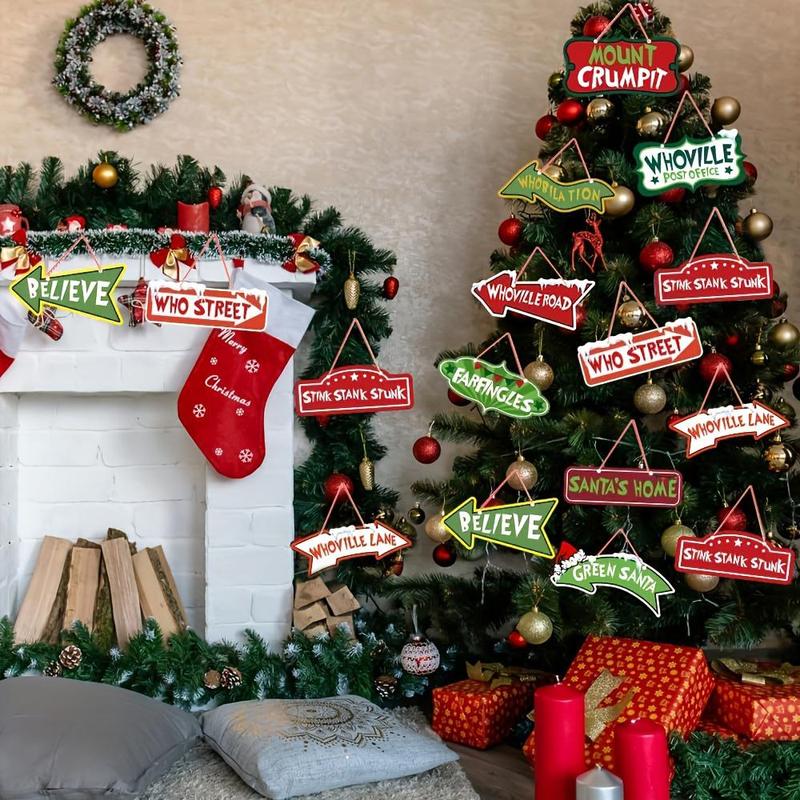 Christmas Themed Hanging Sign, 12pcs set Letter Pattern Tree Hanging Ornament, Christmas Tree Decor, Home Party Decoration