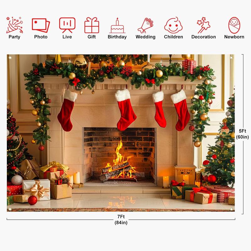 Christmas Backdrop 7x5 ft, Christmas Backdrops for Photography, Polyester Fabric Fireplace Backdrop Banner for Family Holiday Party Supplies Photo Studio Props Pictures