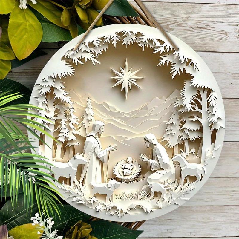 Wooden Nativity Scene Decoration, 1 Count 2D Flat Relief Effect Round Hanging Sign, Wall Hanging Decor for Home Living Room Bedroom