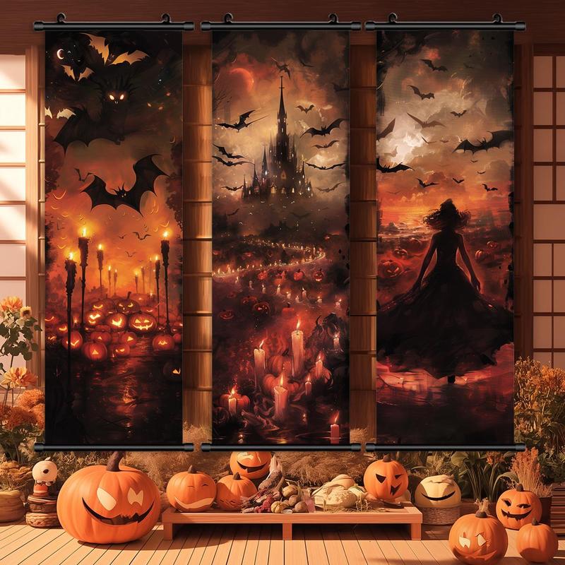 Hanging Banner, 3 Counts set Exquisite Castle Witch Pattern Decoration, Horror Poster for Party Festival Home Dormitory Office