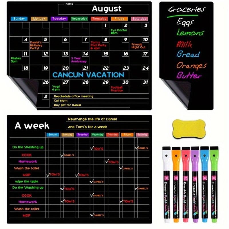 Random Color Magnetic Fridge Calendar Planner Set, 1 Set Including 3 Magnetic Pad & 3 Marker & 1 Eraser, Magnetic Message Board for Kitchen