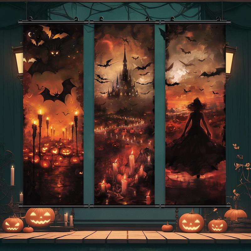 Hanging Banner, 3 Counts set Exquisite Castle Witch Pattern Decoration, Horror Poster for Party Festival Home Dormitory Office