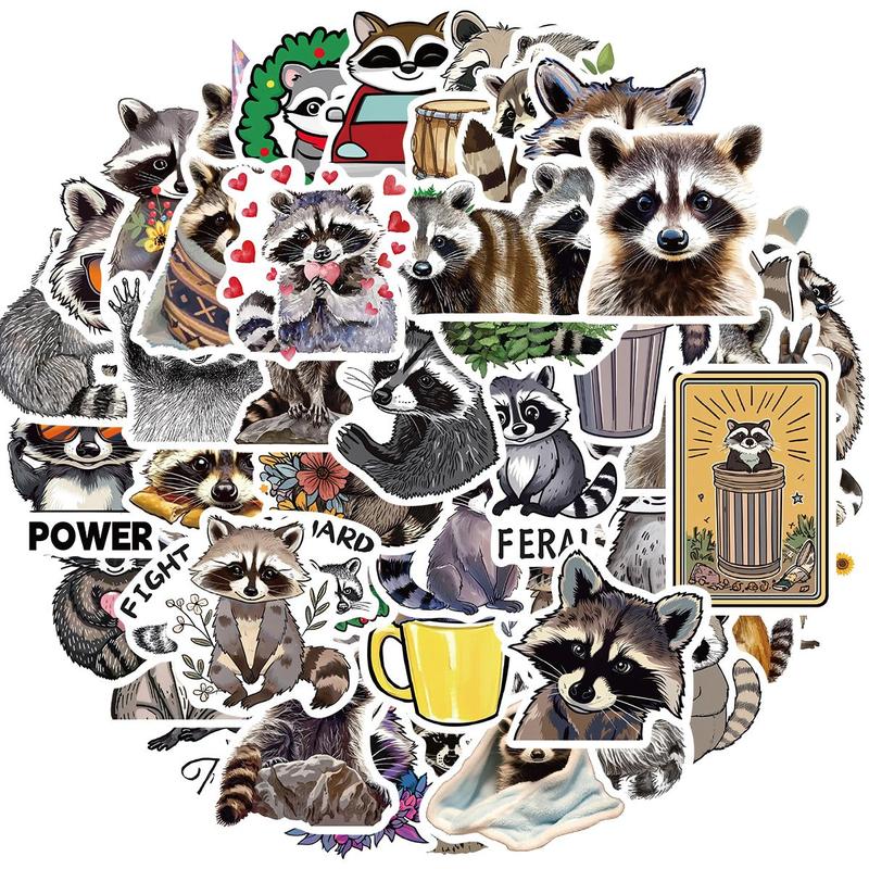 Cartoon Raccoon Pattern Sticker, 50pcs set Waterproof Self Adhesive Decor Paper, Decor Sticker for Gift Greeting Card Water Bottle Laptop Phone