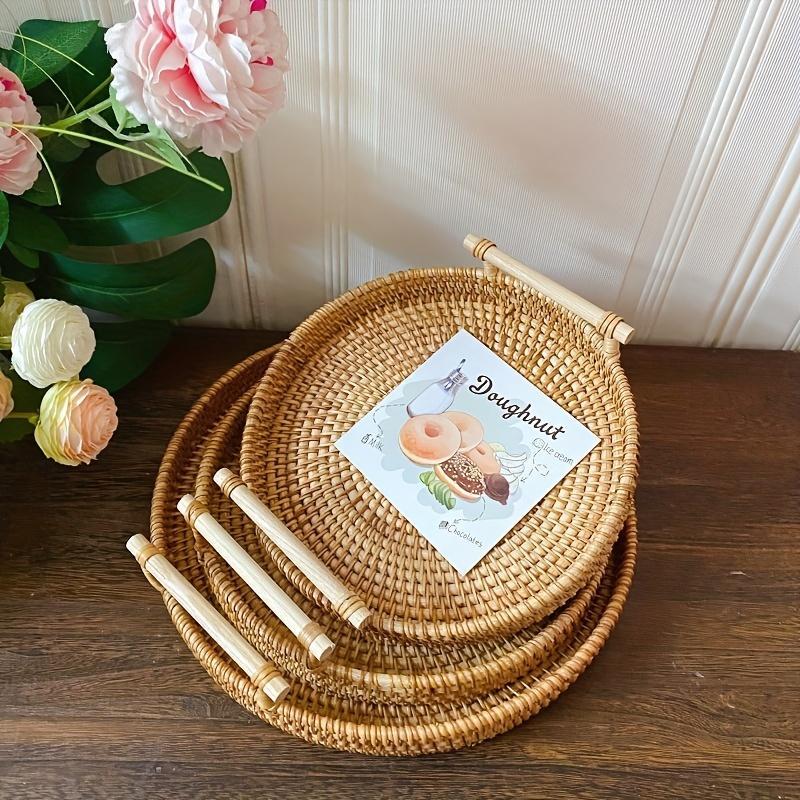 Round Rattan Storage Tray, Rattan Fruit Basket with Handle, Household Storage Basket for Kitchen Dining Room, Summer Gift