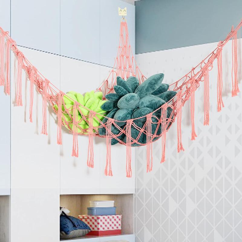 Boho Stuffed Animals Net or Hammock Large,55 inch  Hammock Macrame Stuff Animal Storage Corner Hanging Net Holder,Mesh Hammock Plush  Organizer with Hooks for Bedroom,Nursery (Deep Pink)