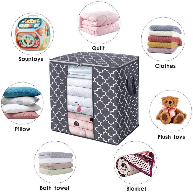 Storage Bags [3-Pack 100L] Large Blanket Clothes Organization and Storage Containers for Comforters,Bedding, Foldable Organizer with Reinforced Handle, Clear Window, Sturdy Zippers - Gray