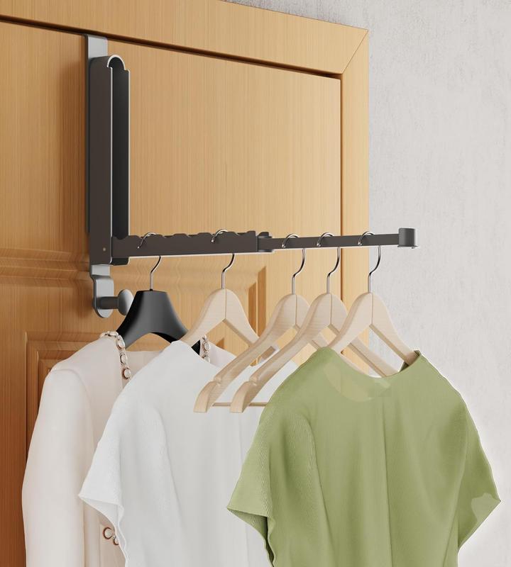 Folding Clothes Drying Rack, Super Heavy Duty Aluminum Alloy Over the Door Hanger with Retractable Rod, Foldable Portable and Collapsible Bathroom Accessories and Towel Rack Organization, Space Gray