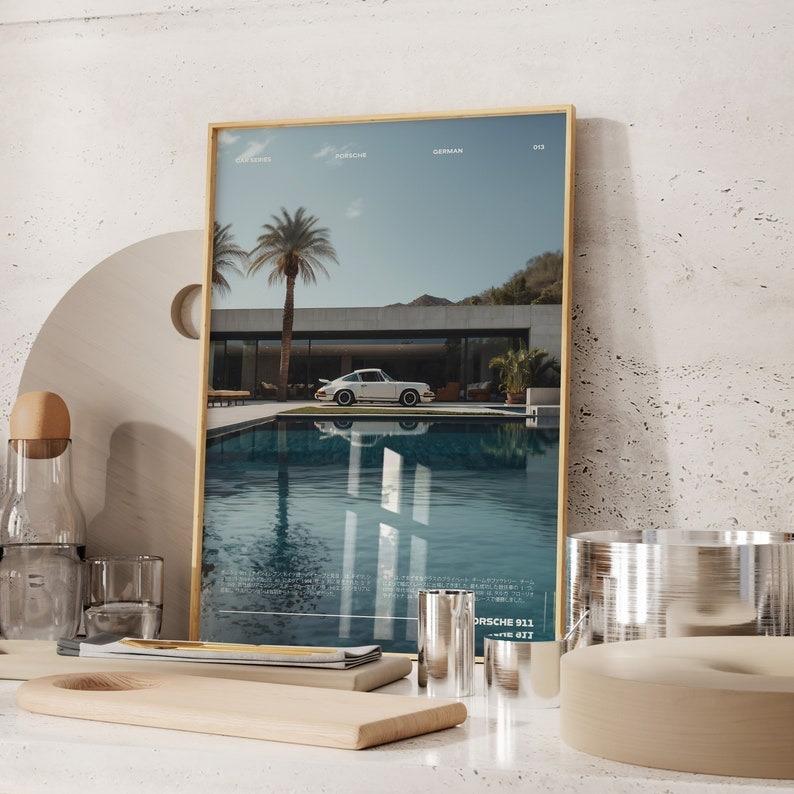 Porsche 911 by the Pool, Vintage ,  Wall Art, Vintage Car Poster, Old Porsche Poster, Porsche 911 Poster